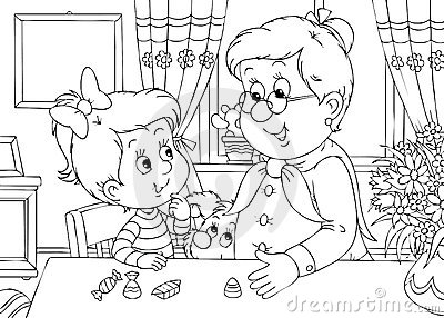 Black And White Illustration  Coloring Page   Little Girl And Her