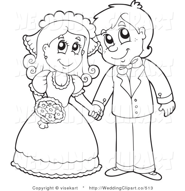 Cartoon Marriage Clipart Of A Wedding Black And White Newlywed Couple    