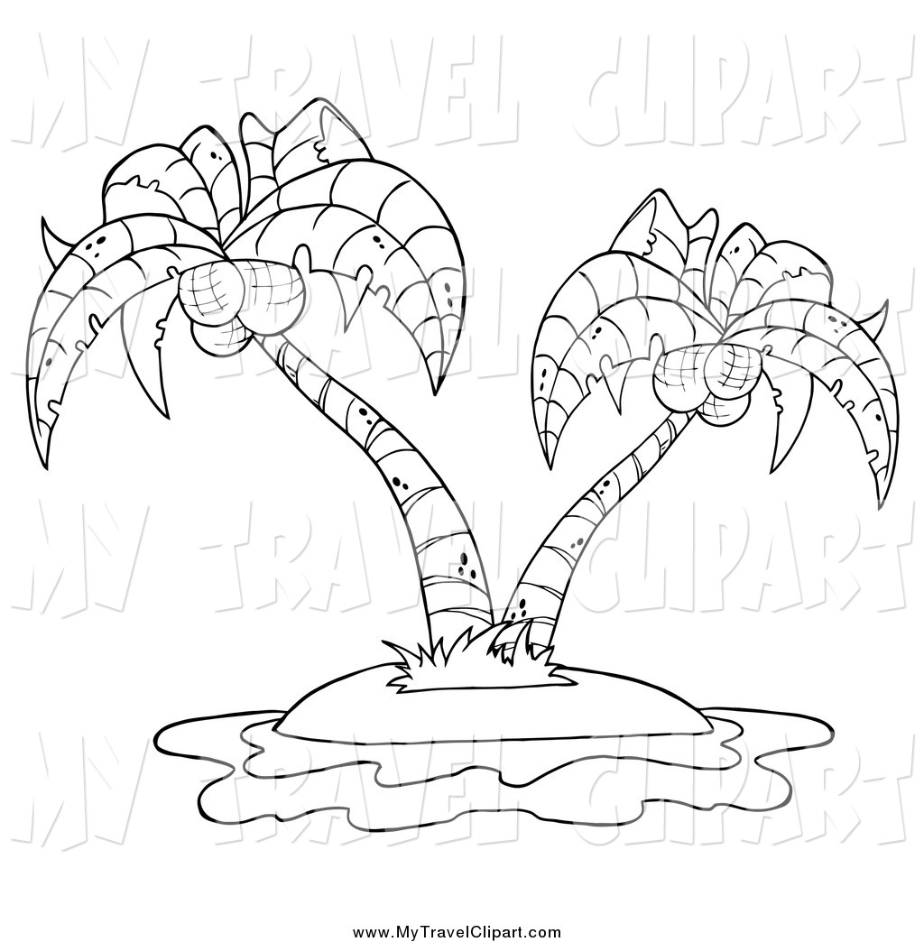 Clipart Of A Black And White Double Palm Tree On An Island By Hit Toon