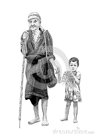 Handmade Black And White Drawing Of Indonesian Grandfather And His