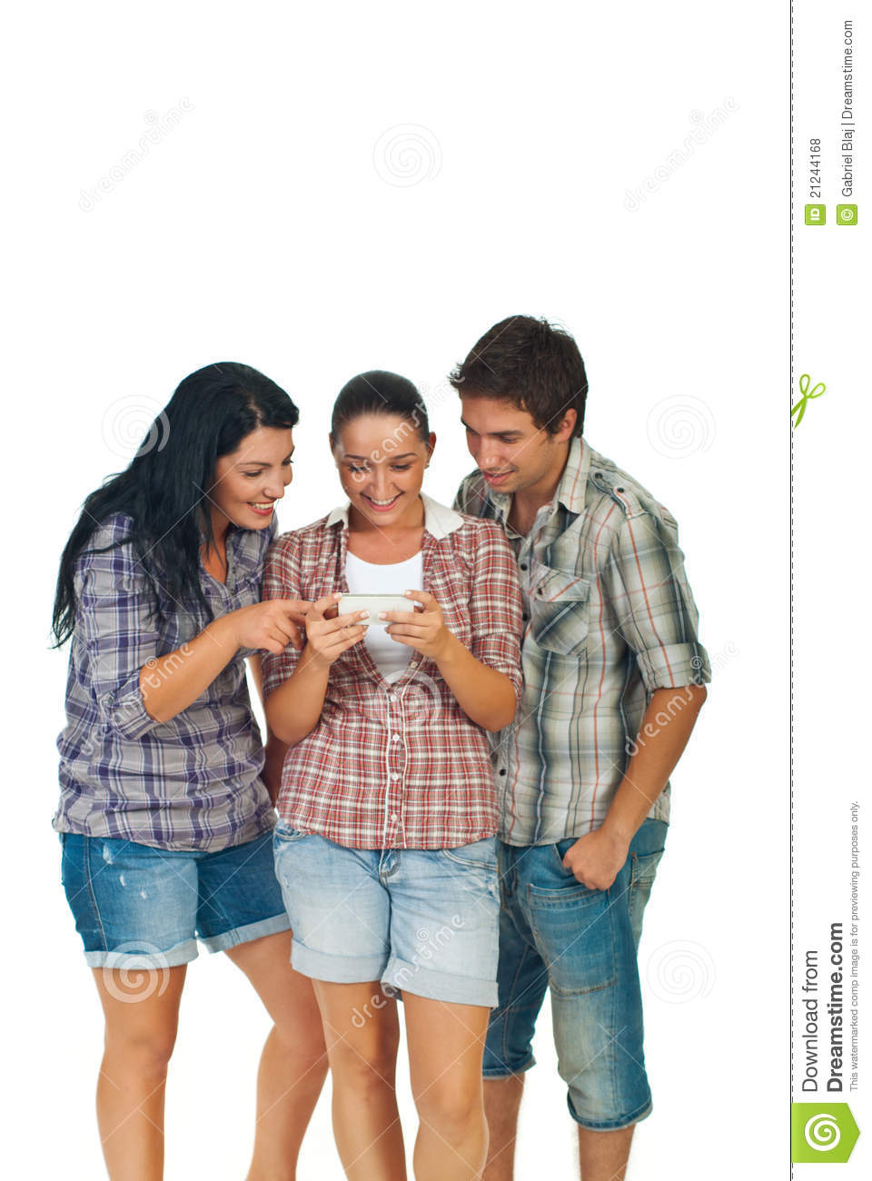 Happy Friends Playing Game On Mobile Phone And Having Fun Isolated On    