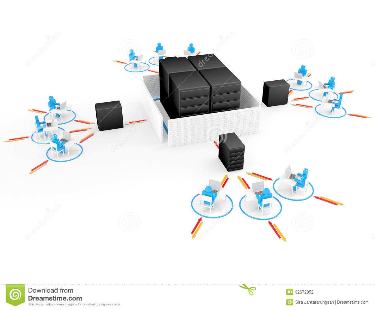 Human With Laptop With Big Server Network Firewall  3d Image Stock