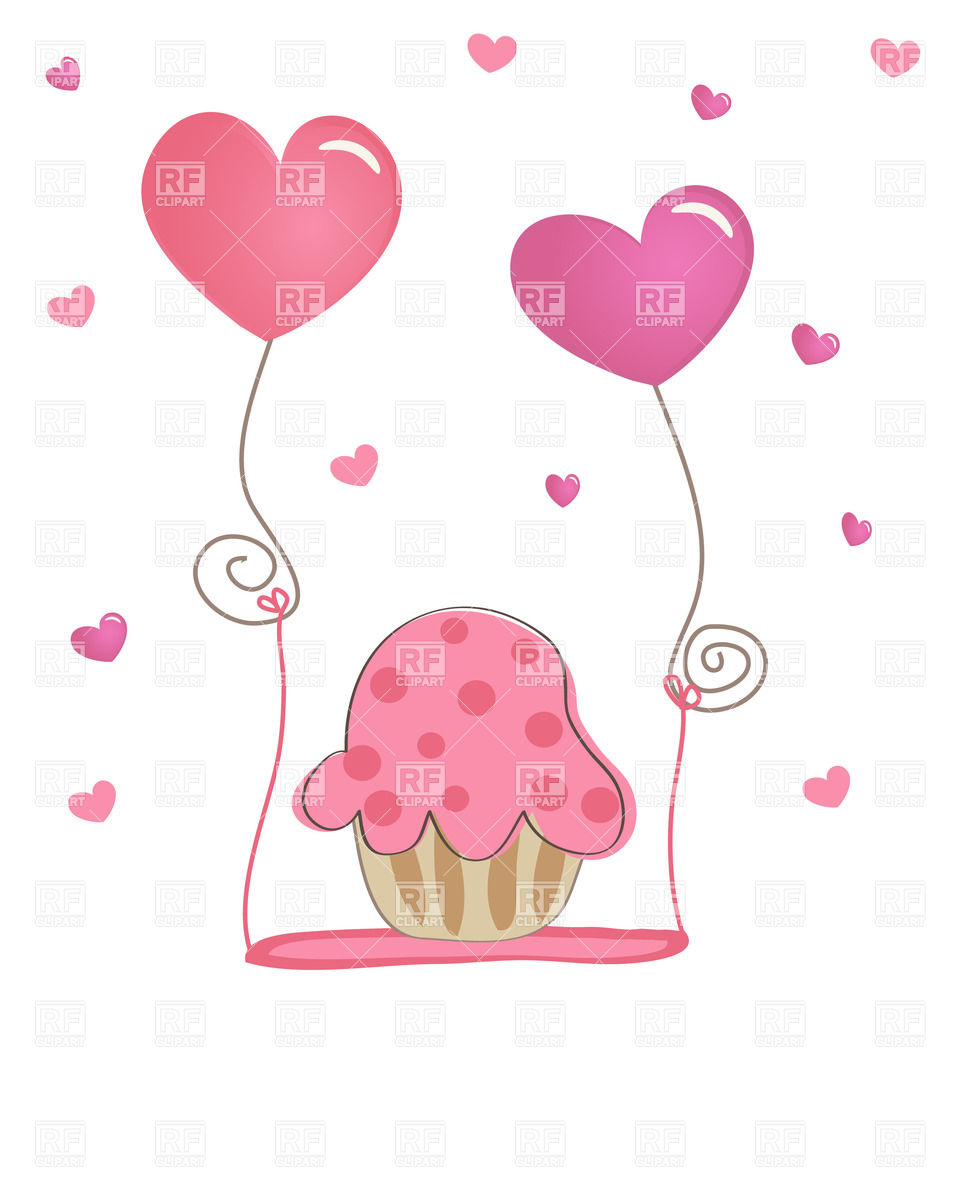 Pinkl Cupcake And Two Heart Shaped Balloons On The Swing 24388 Food