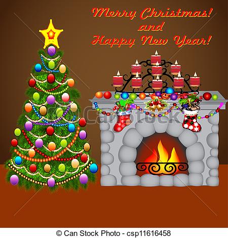 Vector   Of The Christmas Tree And A Fireplace With Socks With Gifts