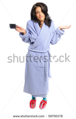 Woman In A Robe And Slippers Holding Her Coffee On A White Background