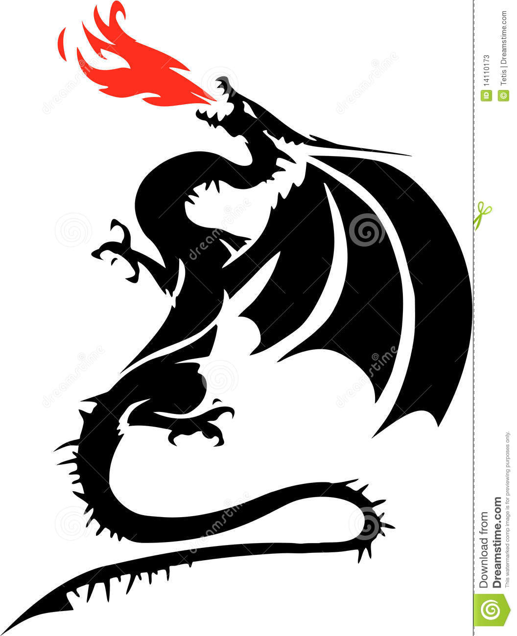 Black And White Drawing Of A Winged Dragon Breathing Red Flames