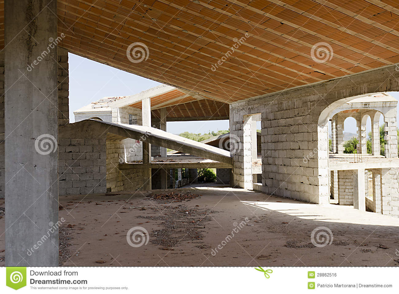 House Under Construction With Reinforced Concrete Columns And Concrete
