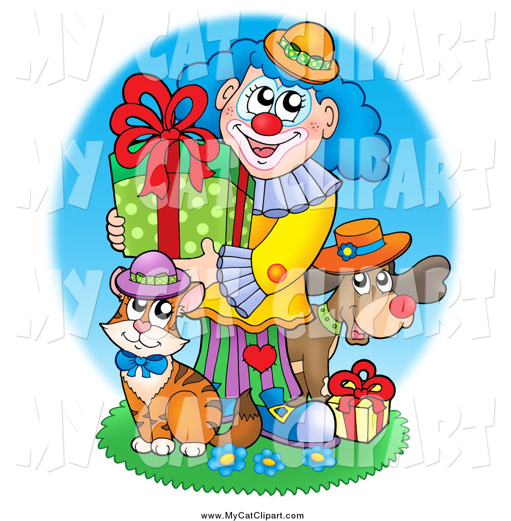 Larger Preview  Clip Art Of A Clown Cat And Dog With Gifts By