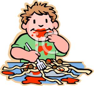 Toddler Making A Mess Of Spaghetti   Royalty Free Clipart Picture