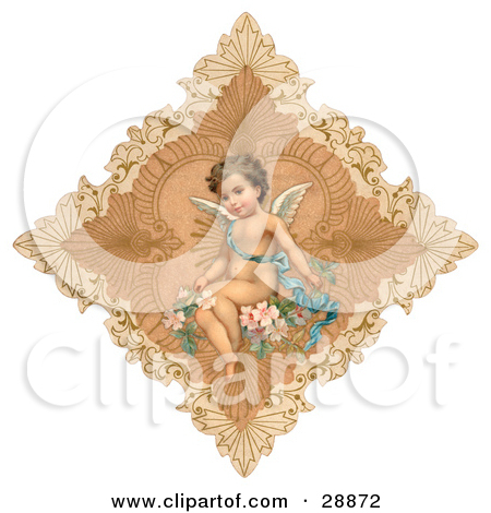 Vintage Valentine Of A Cute Cupid Draped In A Blue Ribbon Sitting On    
