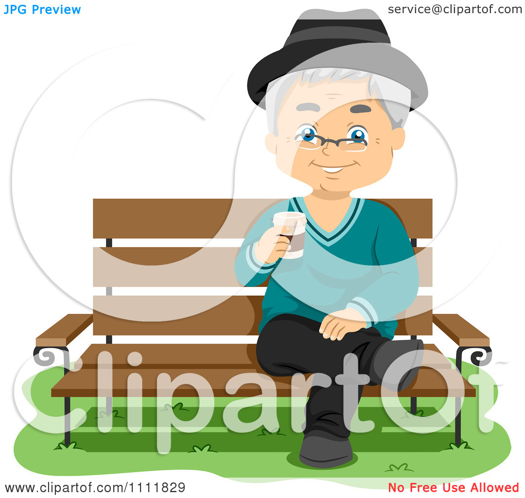Clipart Happy Male Senior Citizen With Coffe On A Park Bench   Royalty