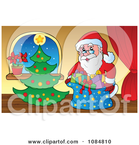 Cartoon Of Christmas Frame Of Santa Over A Winter Scene And Christmas    