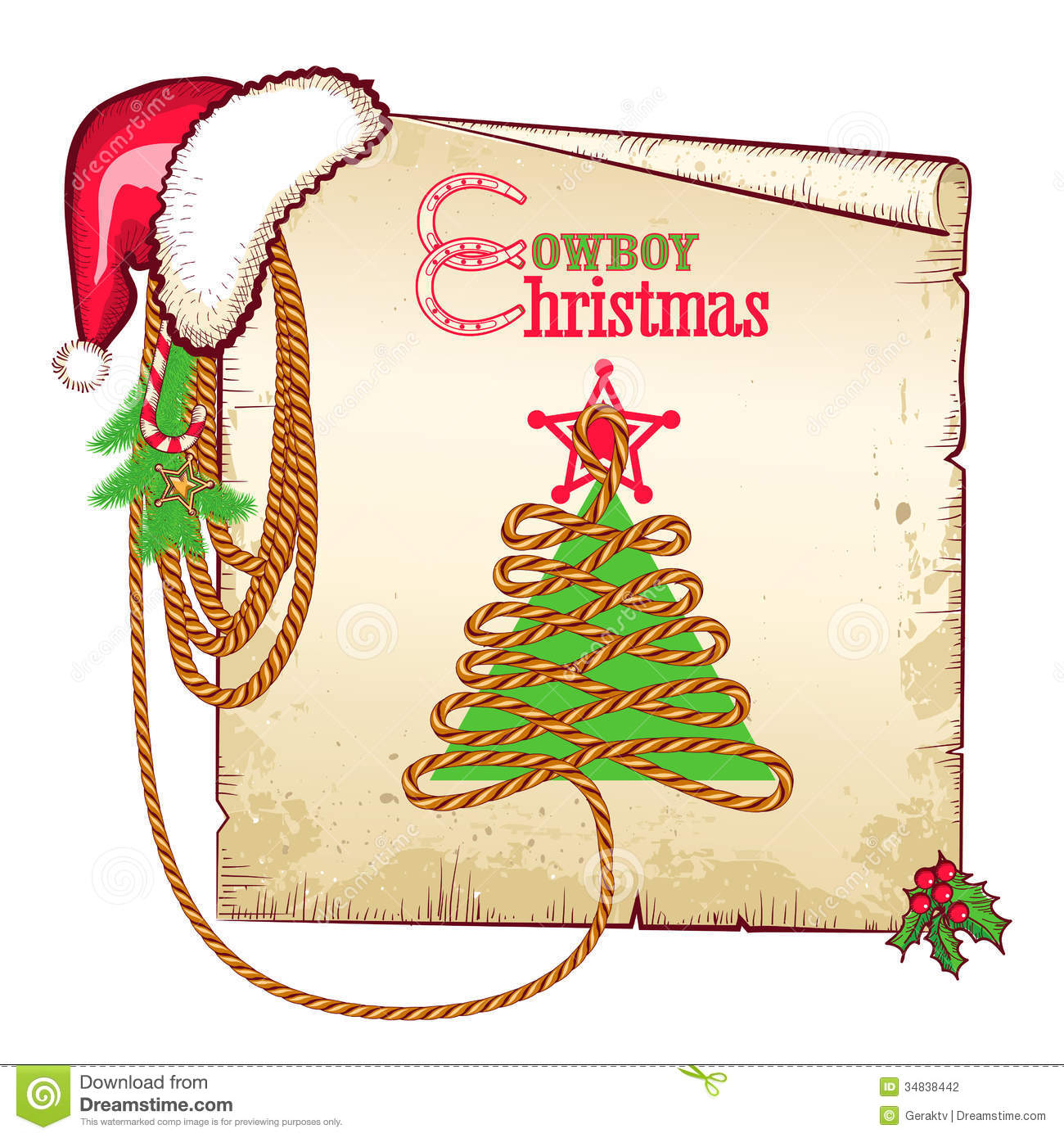 Christmas Western Background With Red Santa Hat And Old Paper Card For