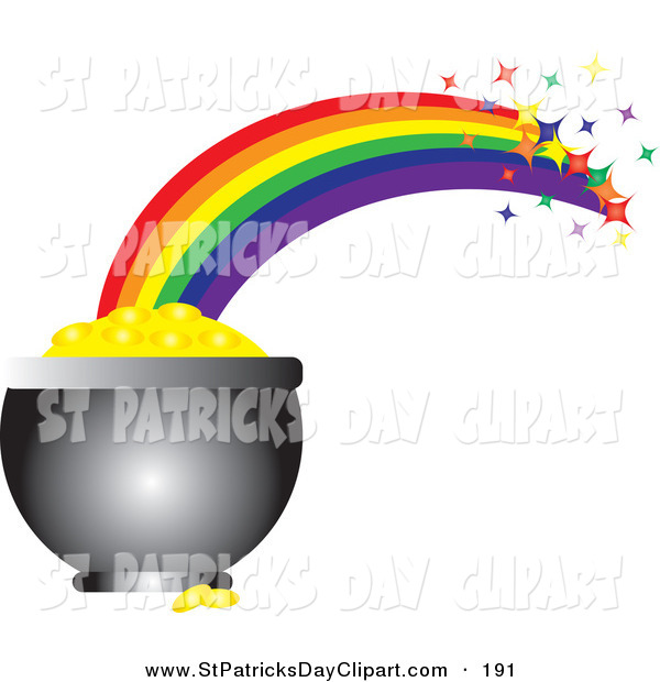 Clip Art Of A Sparkling Rainbow Shooting Off Of A Pot Of Gold On White