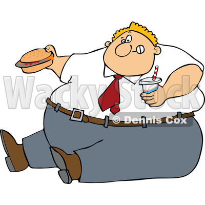 Clipart Cartoon Unhealthy Obese Man Eating A Hamburger And Holding A    