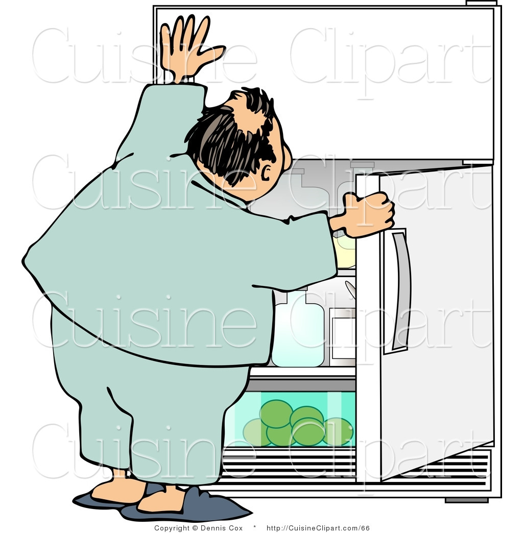 Cuisine Clipart Of A Humorous Obese Man Looking For Something To Eat    