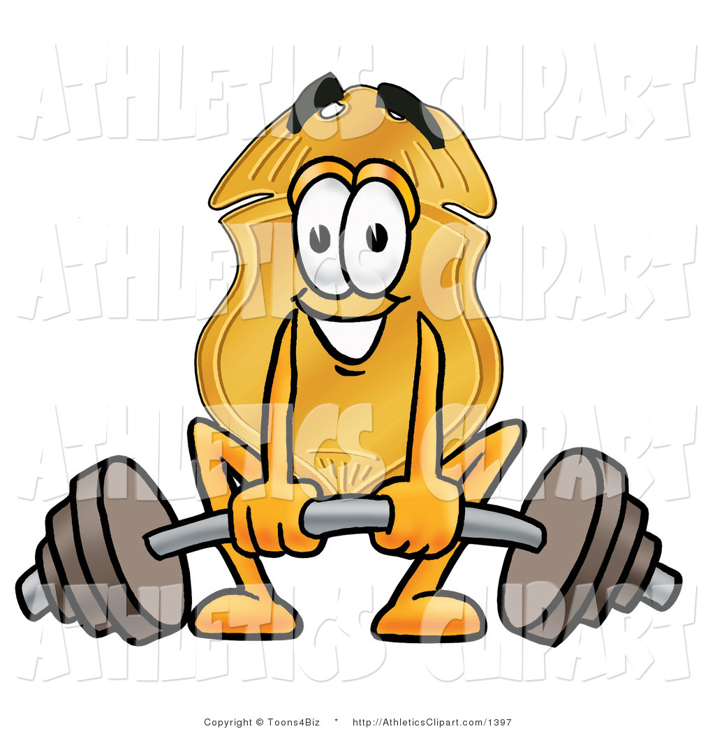 Gold Badge Mascot Cartoon Character Lifting A Heavy Barbell Gold Badge