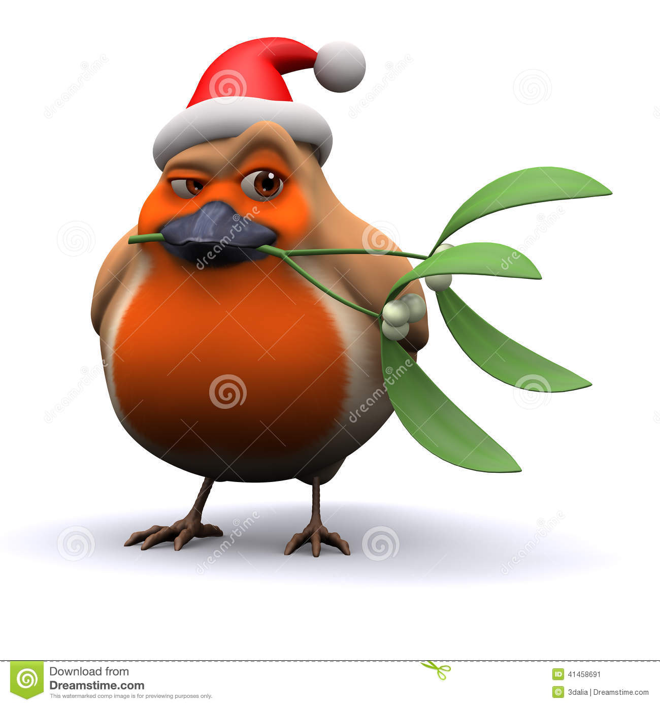 Of A Red Breasted Robin With Santa Hat With Mistletoe In His Beak