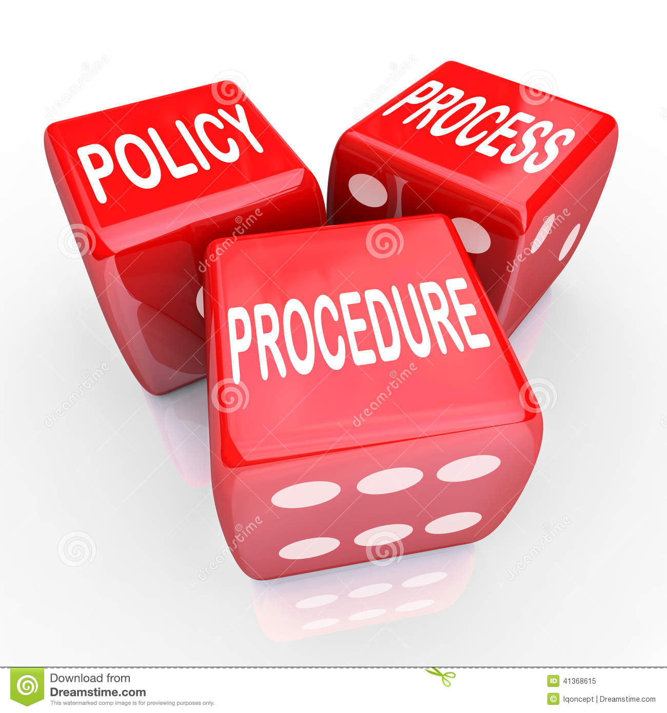 Policy Process And Procedure Words On Three Red Dice To Illustrate A