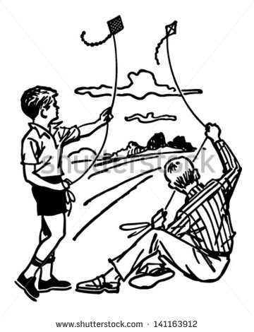 Boys Flying Kites   Retro Clip Art Illustration   Stock Vector