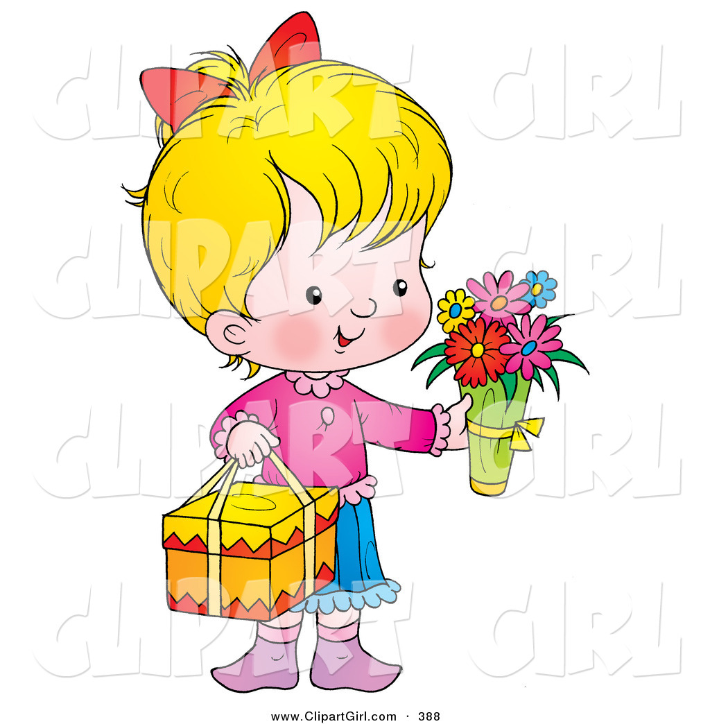 Clip Art Of A Cute And Sweet Little Girl Carrying Flowers And A Gift