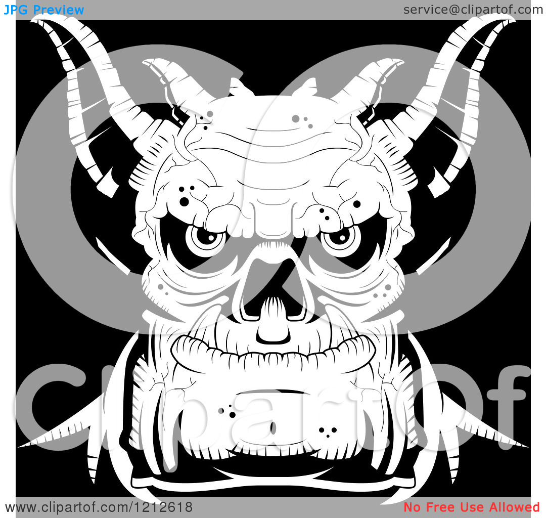 Clipart Of A Black And White Evil Demon Face   Royalty Free Vector    