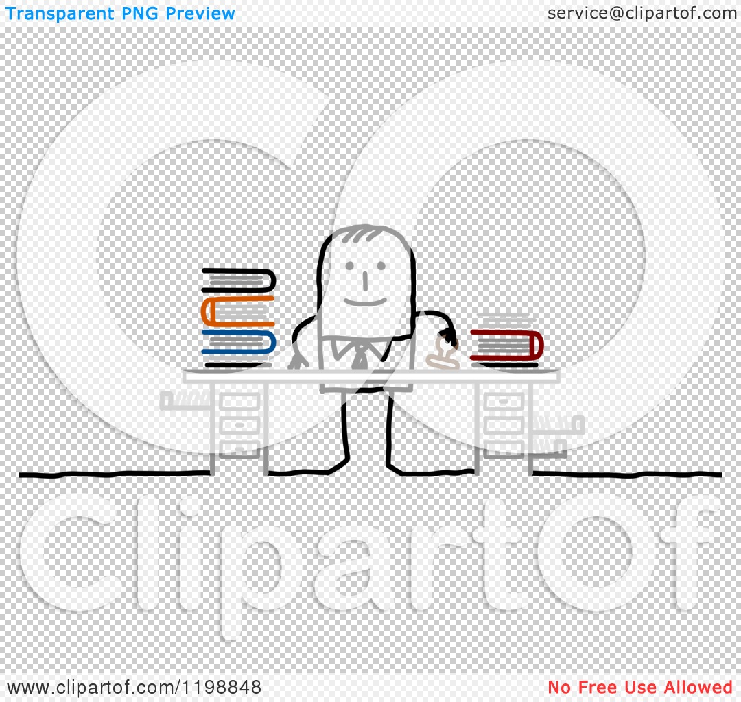 Clipart Of A Happy Stick Businessman Stamping Paperwork At His Desk    