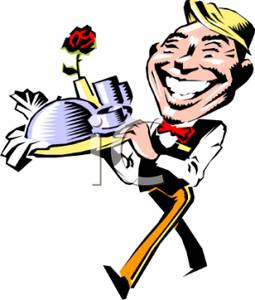 Clipart Picture  A Grinning Waiter With A Tray Of Food And A Rose In A