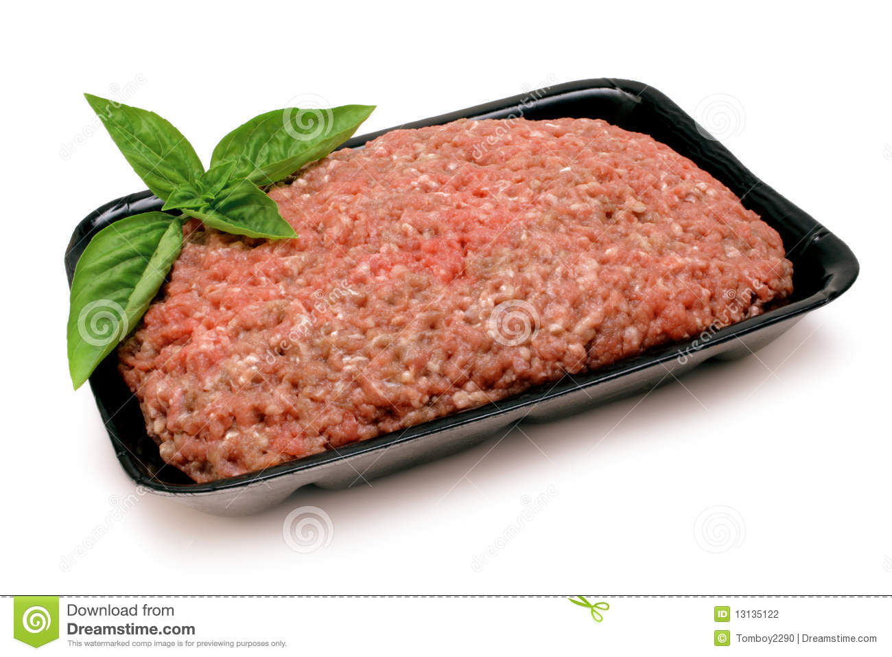 Ground Beef  Mince  On Black Foam Tray With Basil Garnish Isolated On