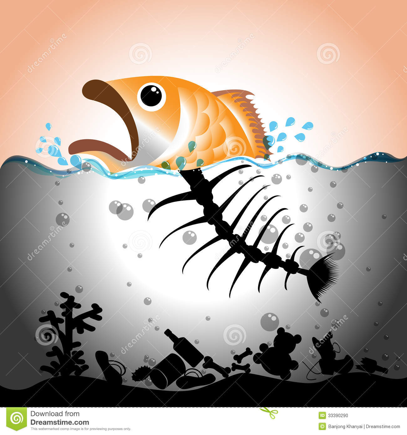 Illustration Of Fish And Fish Bone In In Polluted Water Water