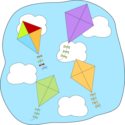 Kites Flying Clip Art Image   Blue Cloud Filled Sky With Kites Flying