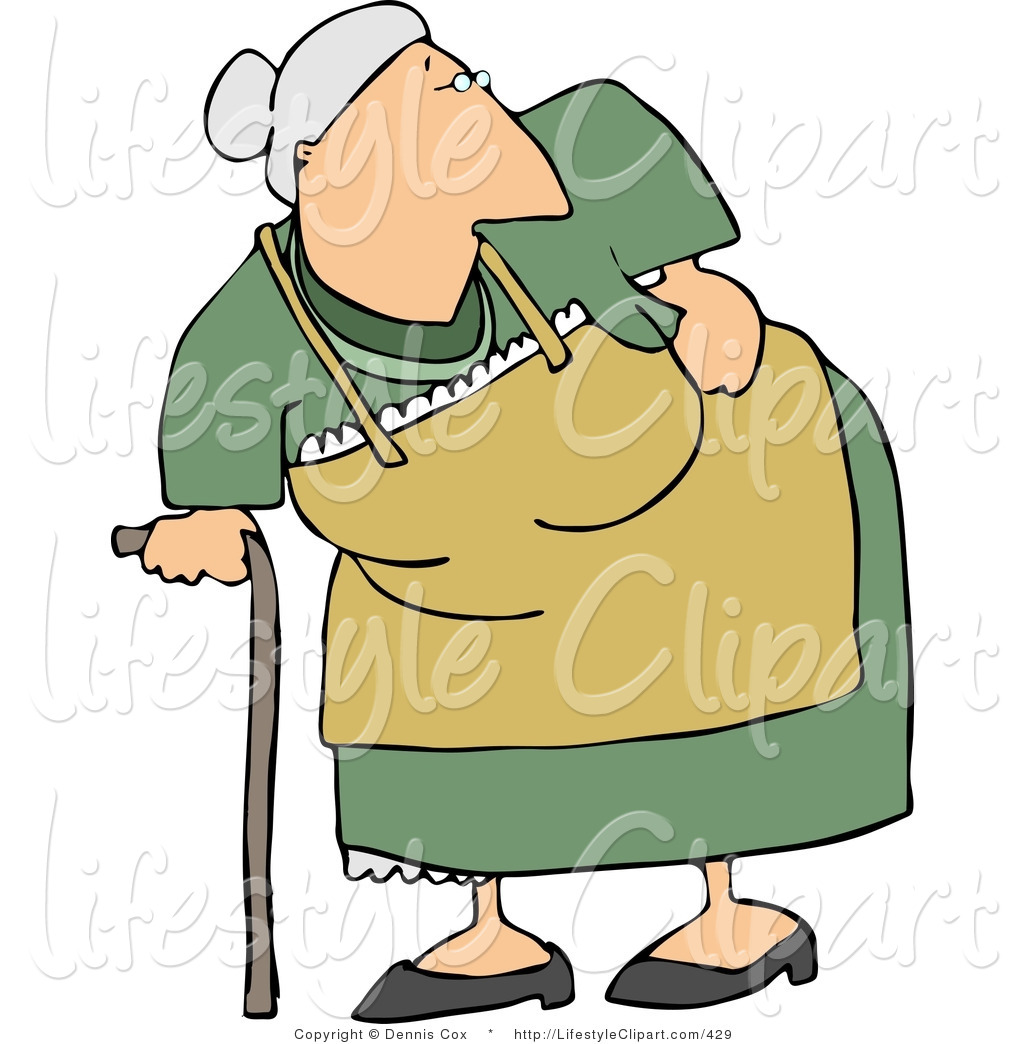 Lifestyle Clipart Of An Old Lady With Back Pains Leaning On A Cane By