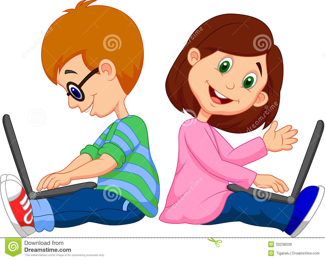 Cartoon Boy And Girl Studying With Laptop Royalty Free Stock Images