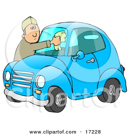 Caucasian Man Leaning Over The Hood Of His Cute Blue Compact
