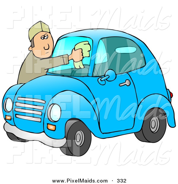 Clipart Of A White Man Leaning Over The Hood Of His Cute Blue Compact    