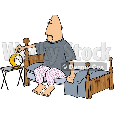 Setting His Alarm Clock Before Going To Sleep In His Bedroom Clipart