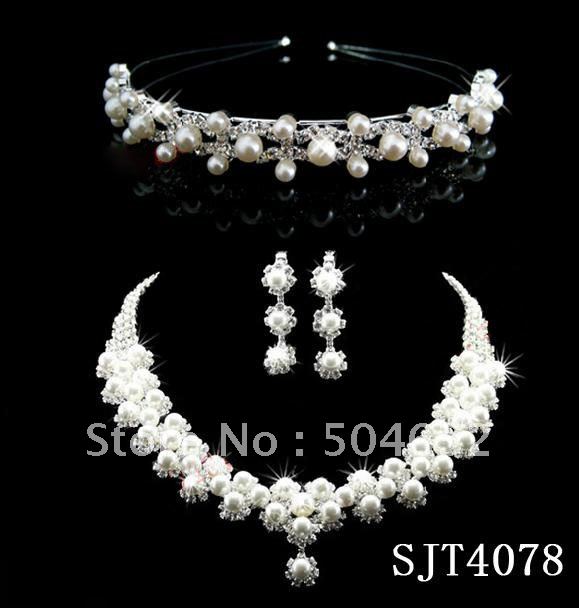 Sjt4078 Luxurious Pearl Bling Bling Bridal Jewelry Set Tiara Necklace