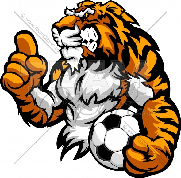 Tiger Mascot Holding Soccer Ball With Victory Finger Raised   Team