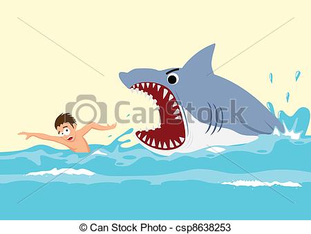 Vectors Of Shark Attack   Cartoon Illustration Of A Man Avoiding Shark