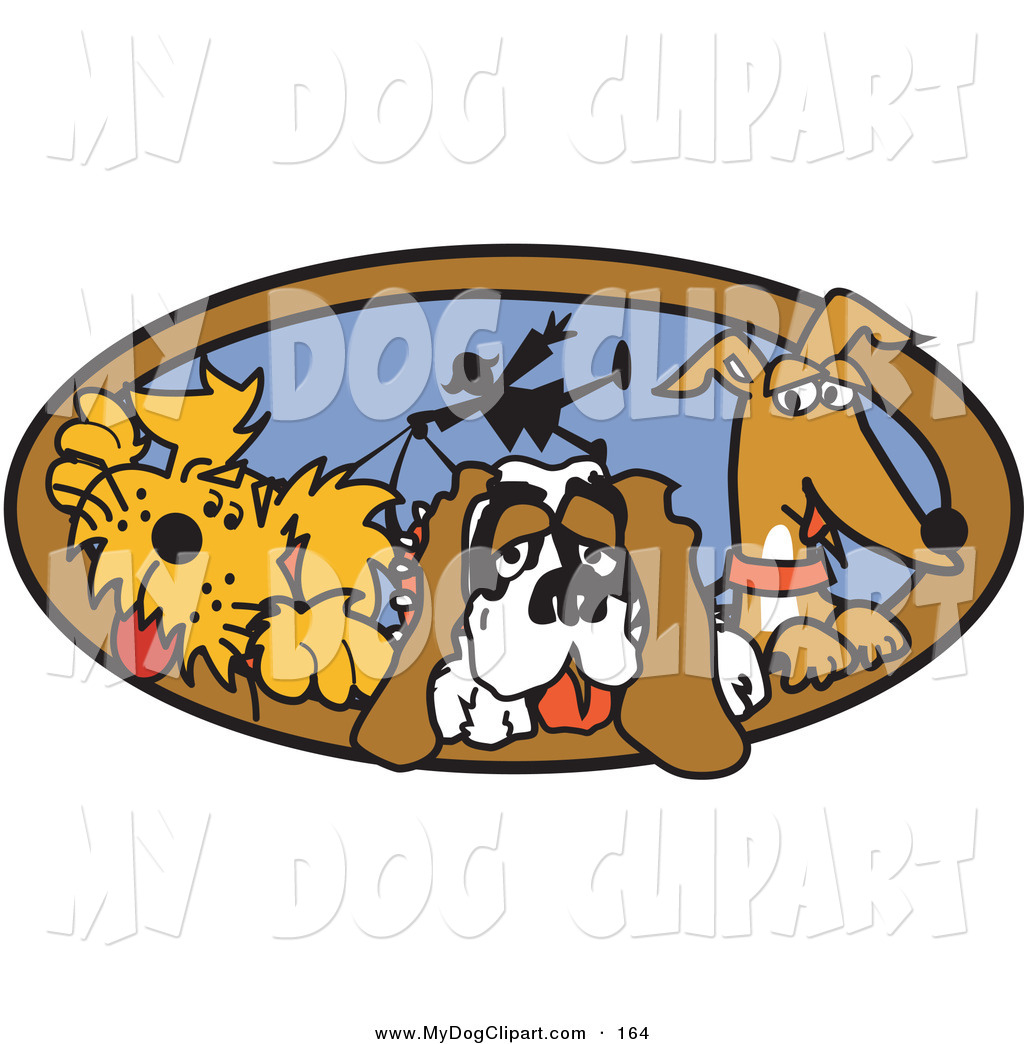 Art Of Three Happy Dogs Taking Their Dog Walker For A Walk Clipart