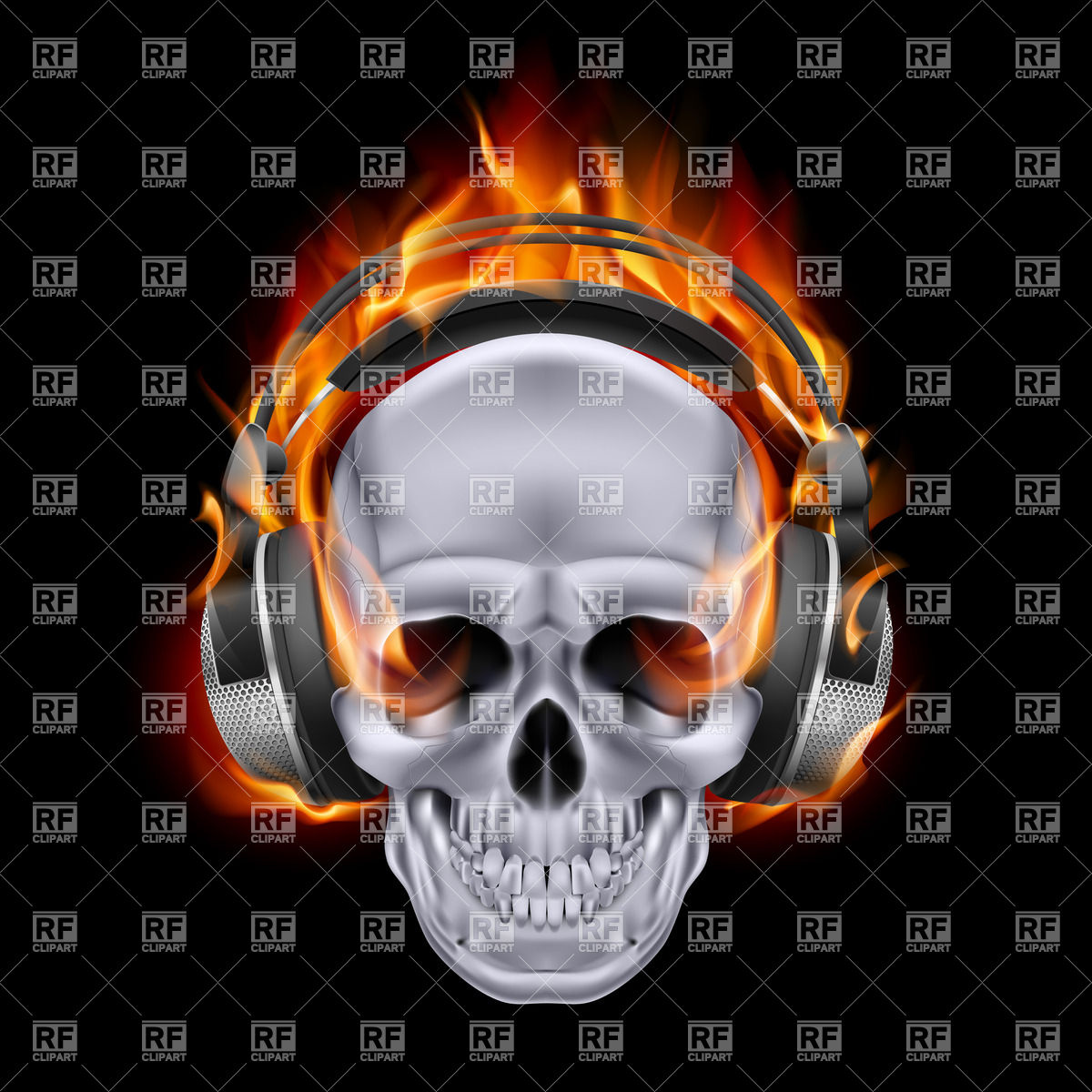 Flaming Skull In Headphones On Black Background 27640 Download