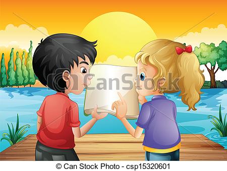 Illustration Of The Two Teenagers Reading An Empty Book At The Wooden