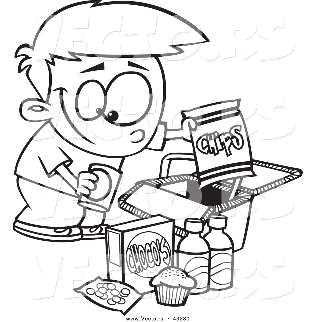 Larger Preview  Vector Of A Happy Cartoon Boy Packing Junk Food Into A