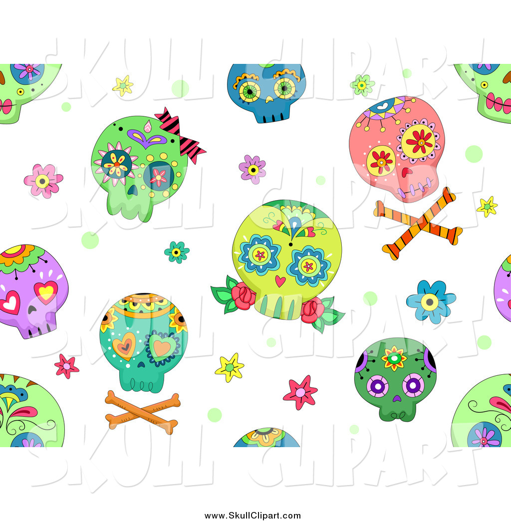 Seamless Background Of Colorful Sugar Skulls On White