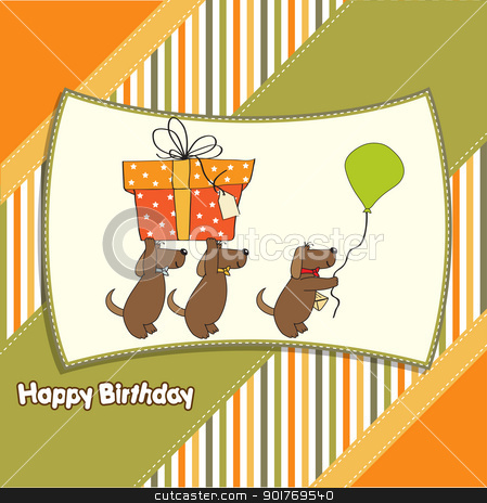 Three Dogs That Offer A Big Gift  Birthday Greeting Card Stock Vector
