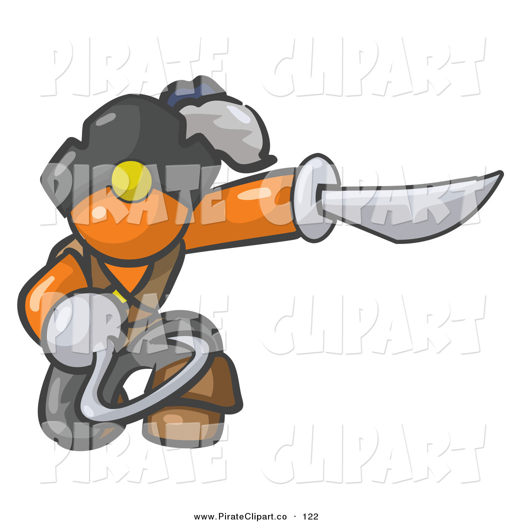 Vector Clip Art Of A Kneeling Orange Man Pirate With A Hook Hand And A