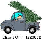 Clipart Of A Man Driving A Pickup Truck With A Christmas Tree On Top