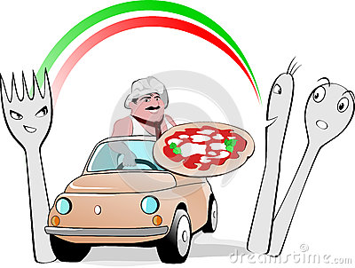 Funny Illustration About Typical Pizza Man Driving In The Middle Of