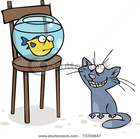 Picture Of A Hungry Cat Looking At A Fish In A Fishbowl Or Aquarium In    