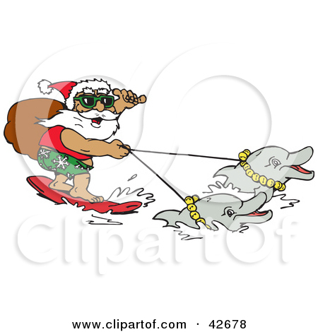 Santa Carrying His Sack While Surfing And Holding Reins To Dolphins